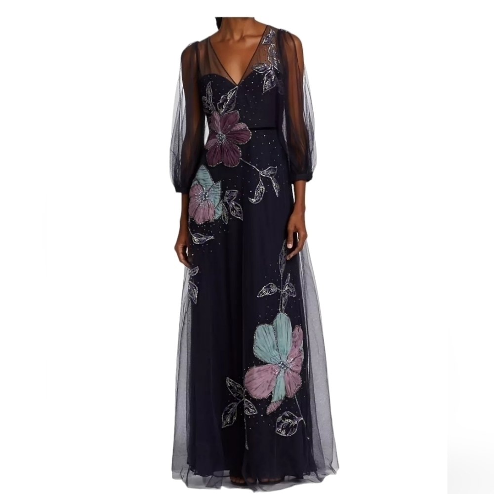 ​NWT Marchesa Notte Sheer Puff Sleeve Gown – Wedding Guest / Black Tie Formal
